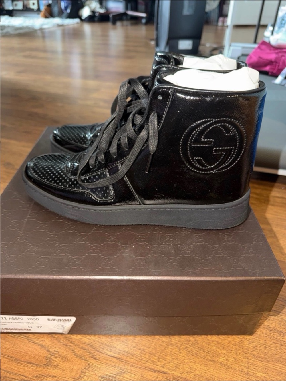 Gucci Black Patent Leather High-Top Sneakers with Embossed GG